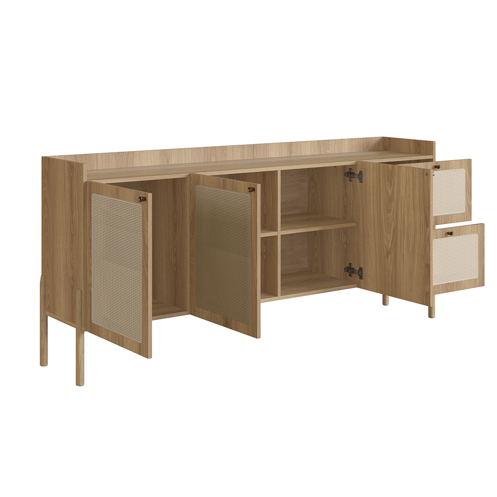 Oslo 72"L X32"H  Sideboard Wood Legs Rattan 3 Door -2-Drawer-Coastal Oak - Image 4