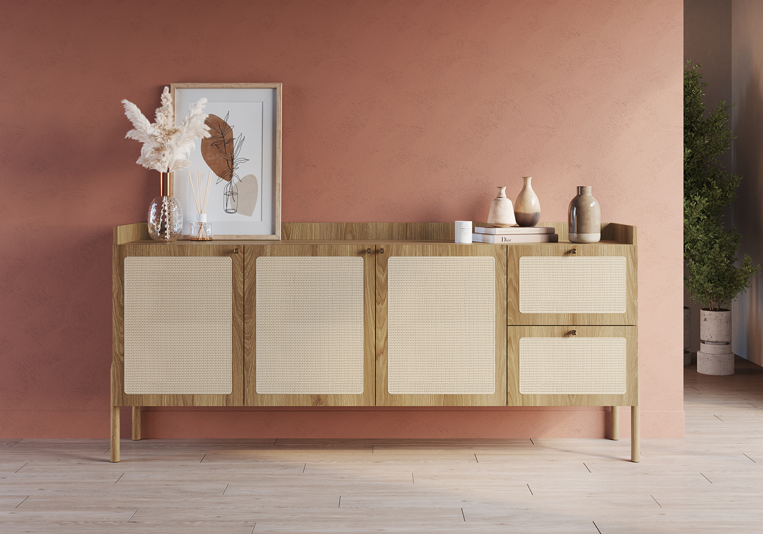 Oslo 72"L X32"H  Sideboard Wood Legs Rattan 3 Door -2-Drawer-Coastal Oak