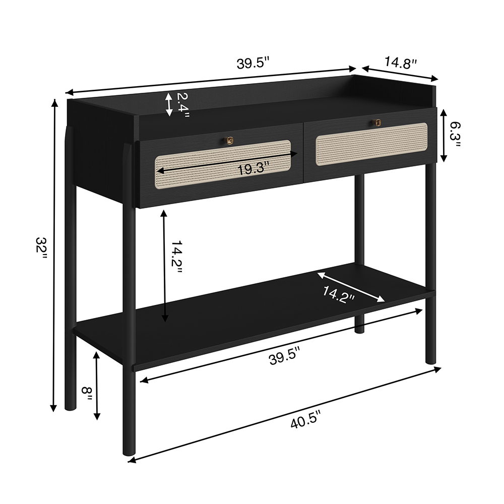 Oslo Console  Entry Table Wood Legs and Rattan 2-Drawer -Nero Black - Image 9
