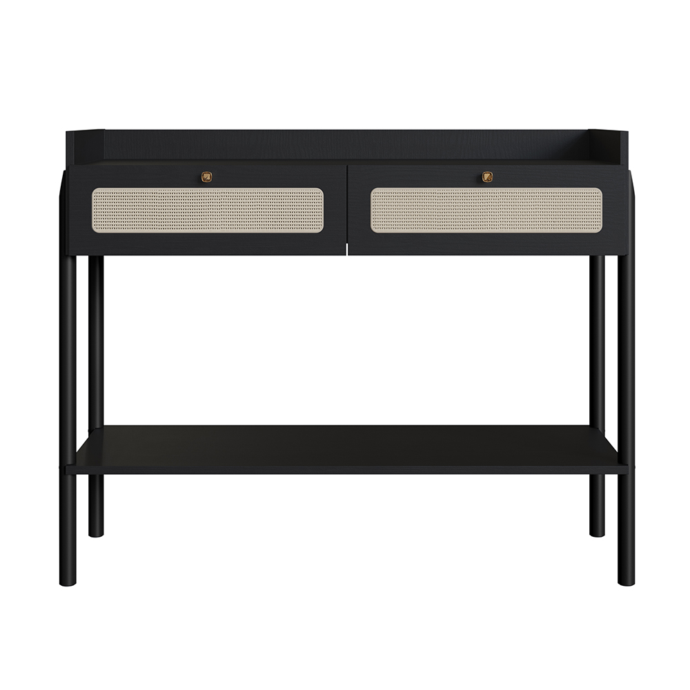 Oslo Console  Entry Table Wood Legs and Rattan 2-Drawer -Nero Black - Image 2
