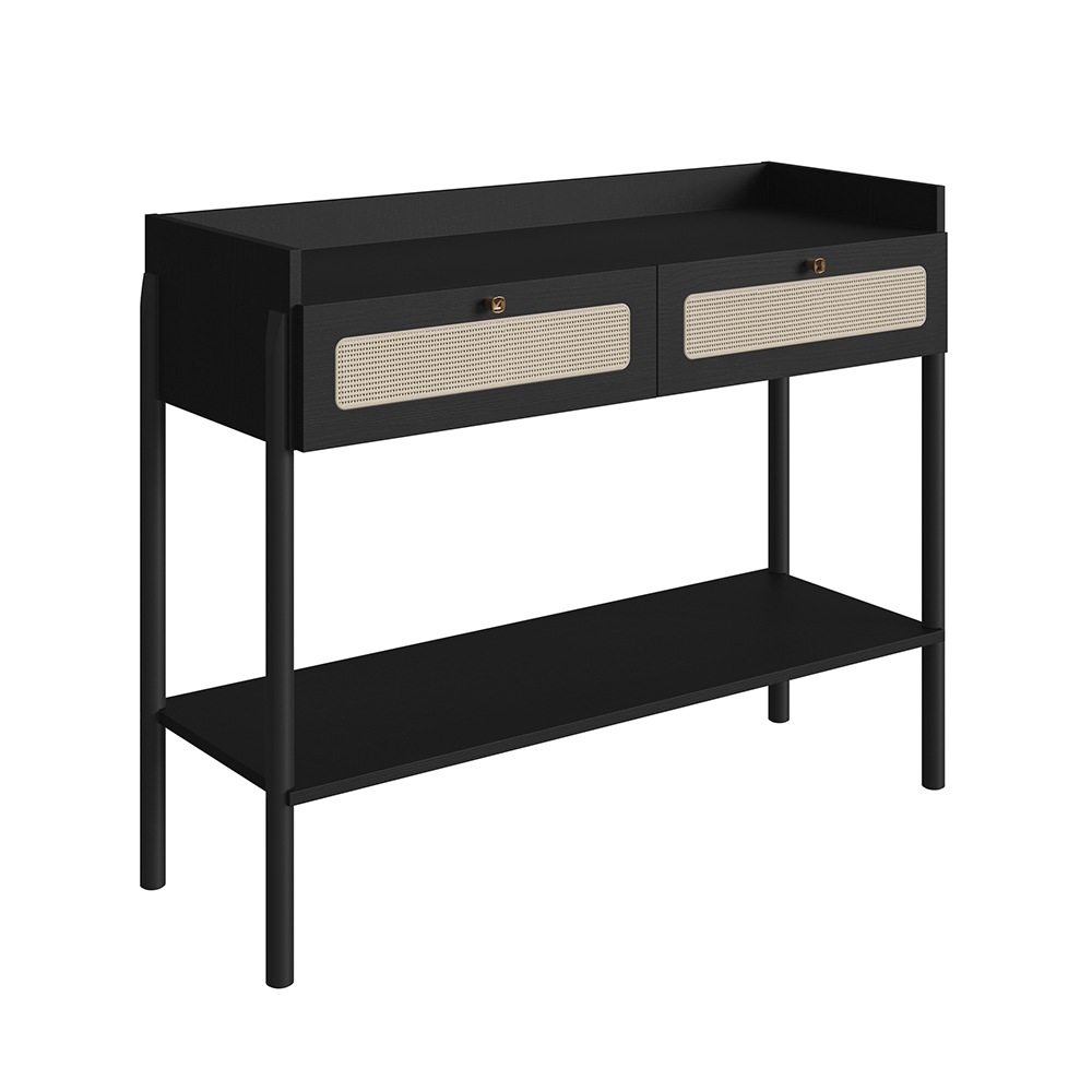 Oslo Console  Entry Table Wood Legs and Rattan 2-Drawer -Nero Black - Image 3