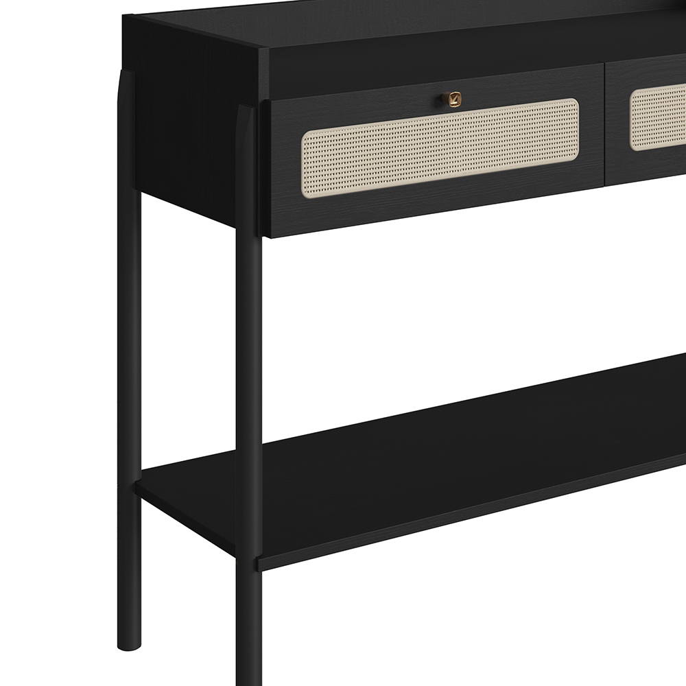 Oslo Console  Entry Table Wood Legs and Rattan 2-Drawer -Nero Black - Image 4