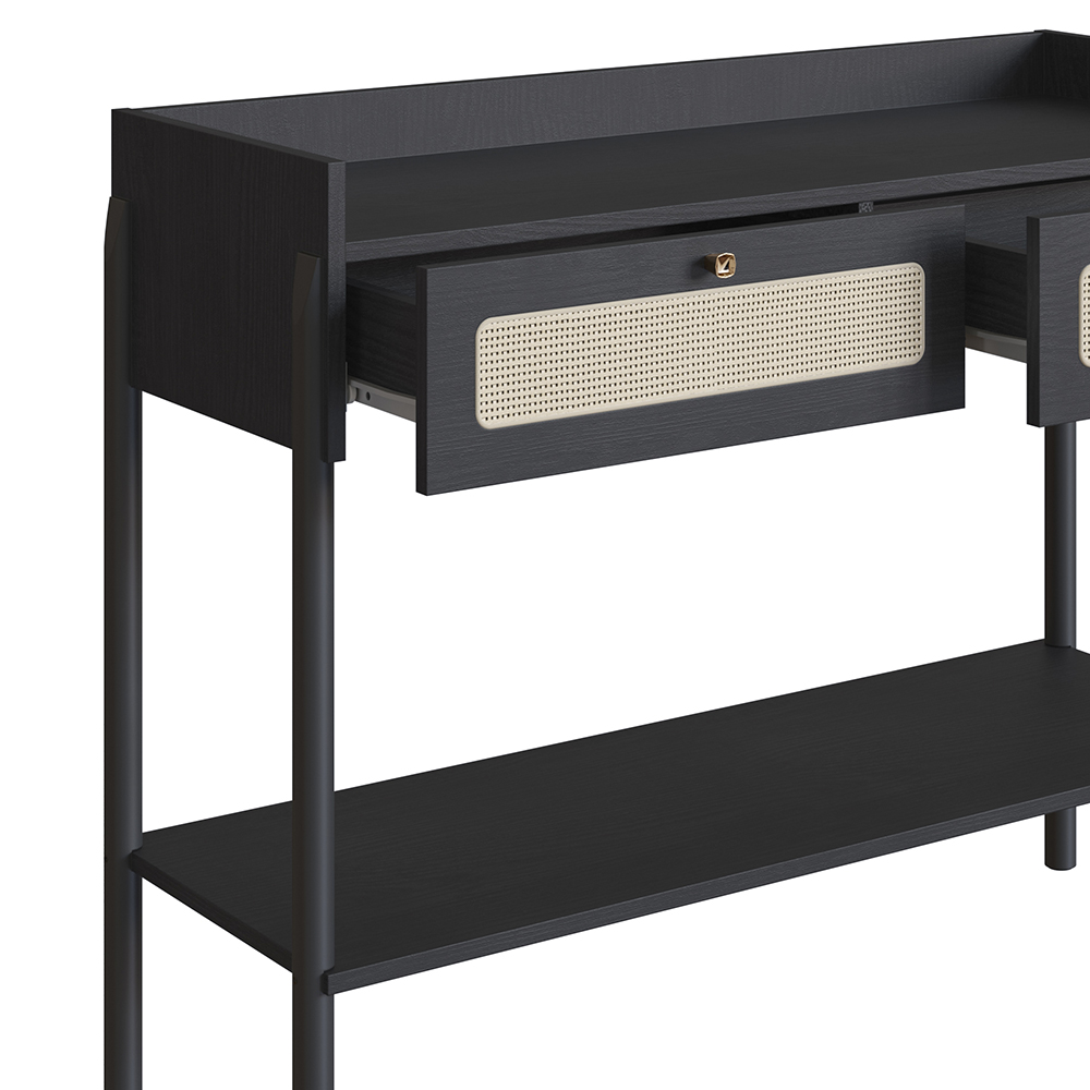 Oslo Console  Entry Table Wood Legs and Rattan 2-Drawer -Nero Black - Image 5