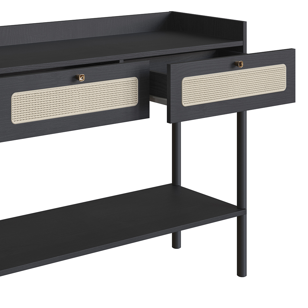 Oslo Console  Entry Table Wood Legs and Rattan 2-Drawer -Nero Black - Image 7