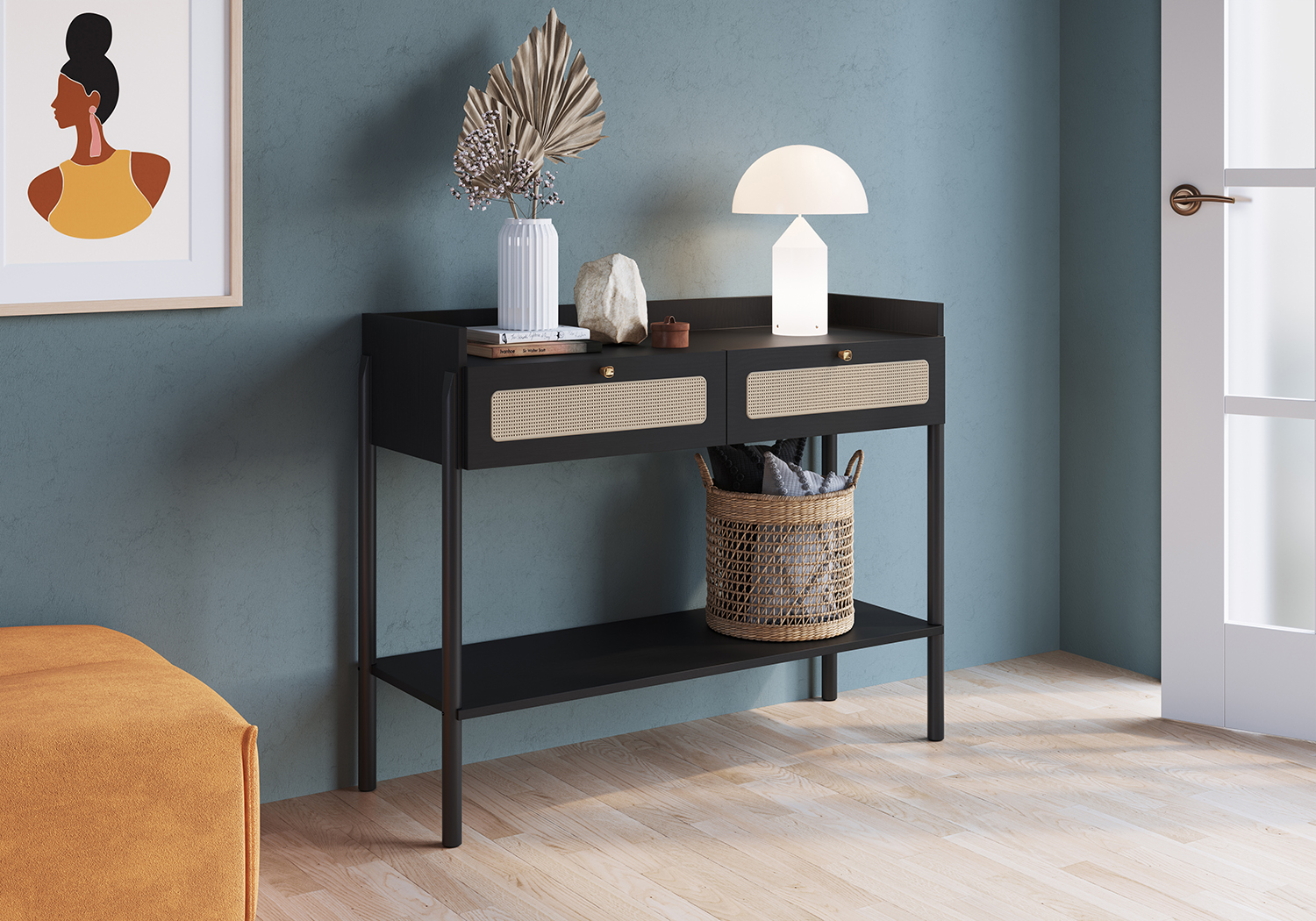 Oslo Console  Entry Table Wood Legs and Rattan 2-Drawer -Nero Black