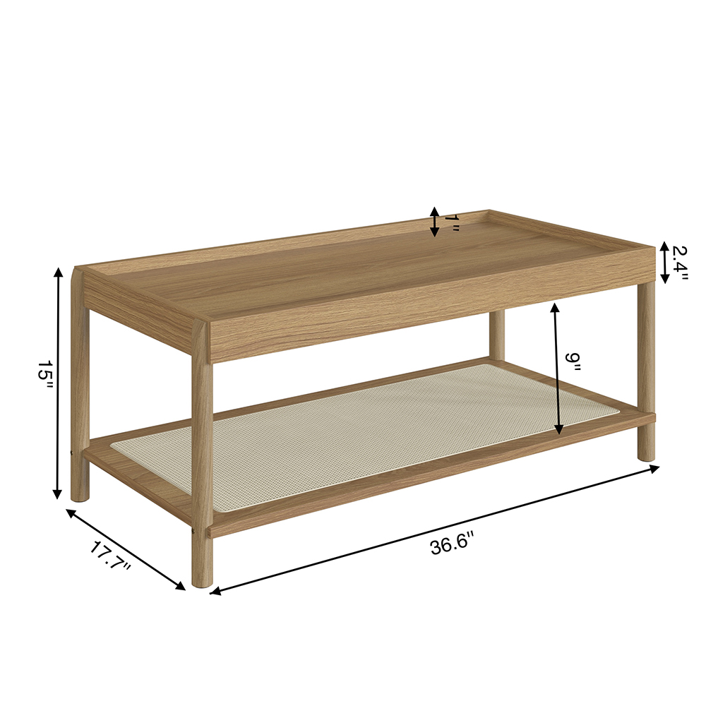 Oslo Coffee Table Wood Legs Rattan Shelf Storage -Coastal Oak - Image 6