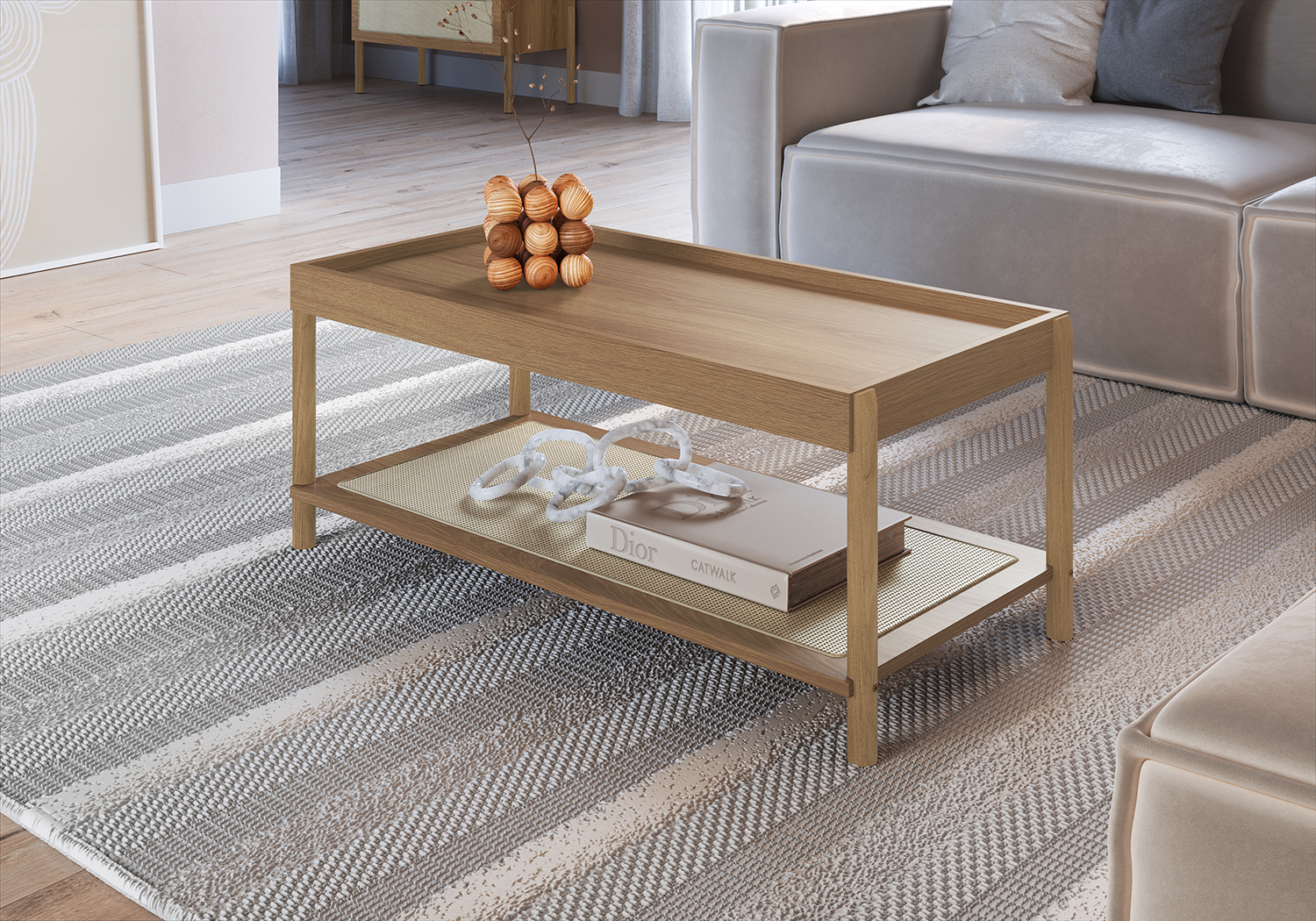 Oslo Coffee Table Wood Legs Rattan Shelf Storage -Coastal Oak