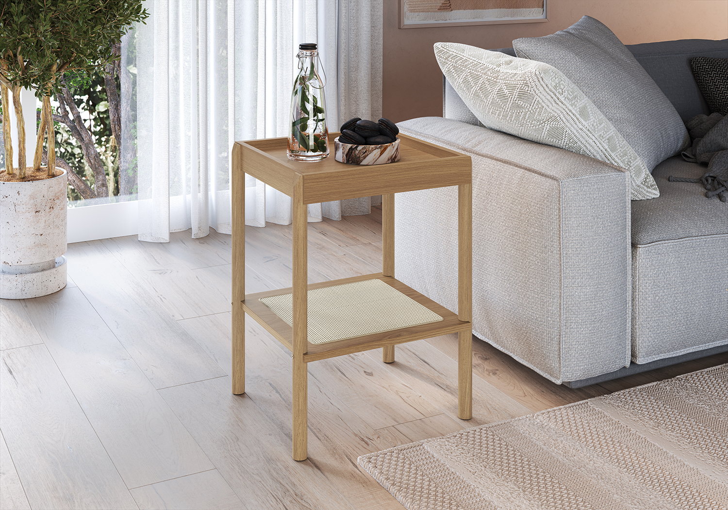 Oslo Side Table Wood Legs and Rattan Accent End Table