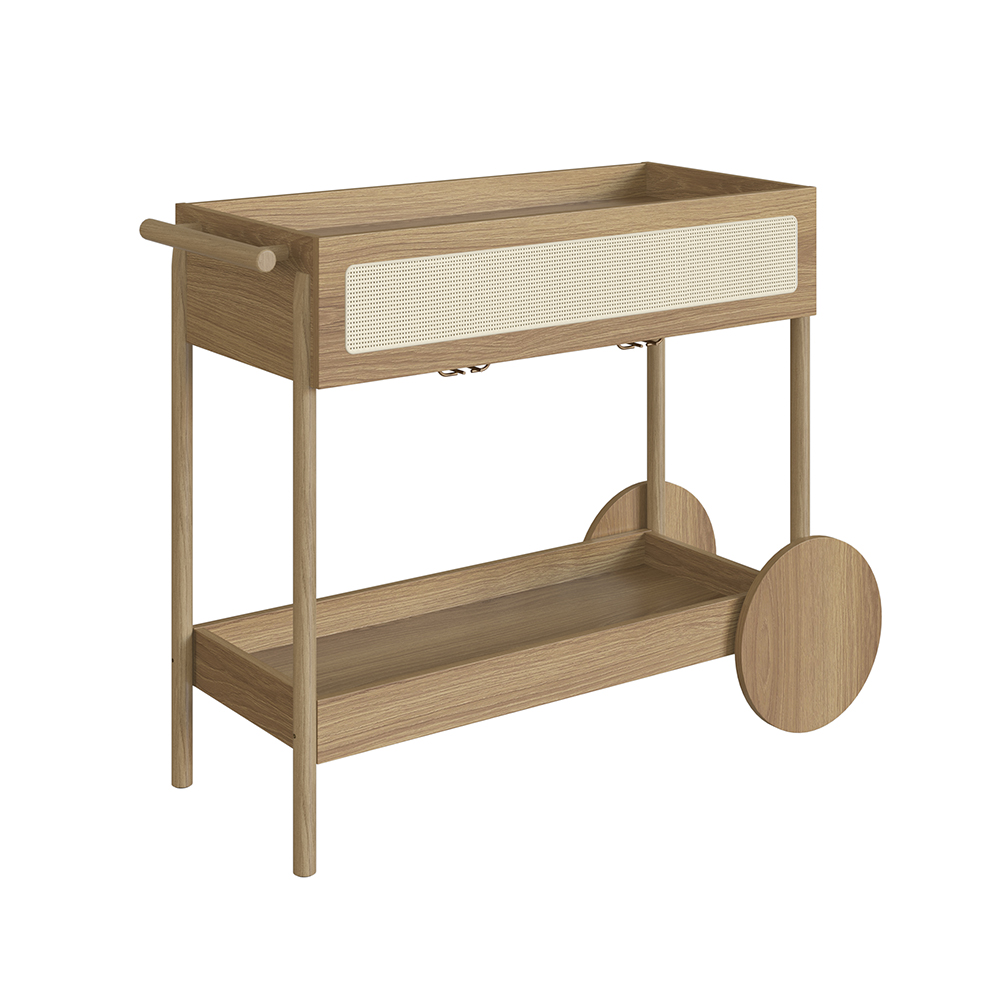 Oslo Bar Cart Trolley Wood Legs and Rattan Accent Drawer - Image 5