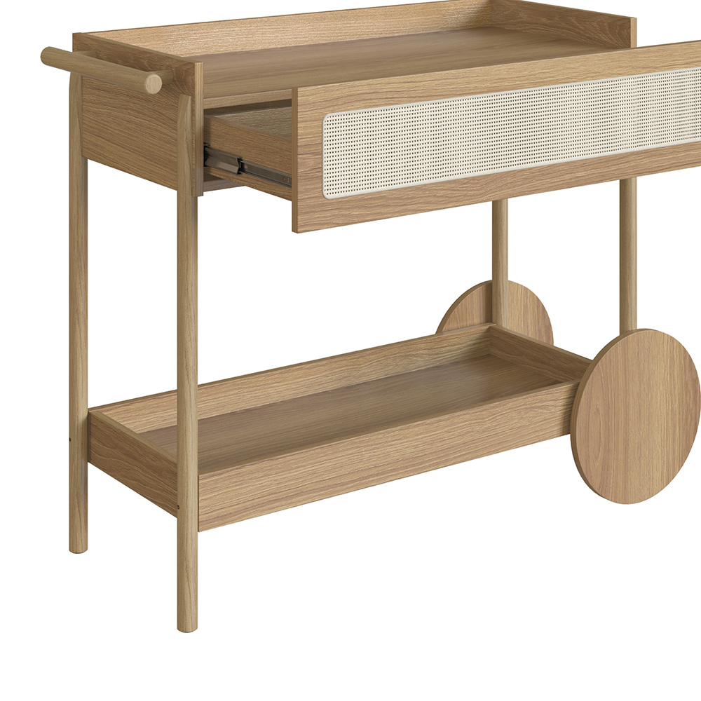 Oslo Bar Cart Trolley Wood Legs and Rattan Accent Drawer - Image 4