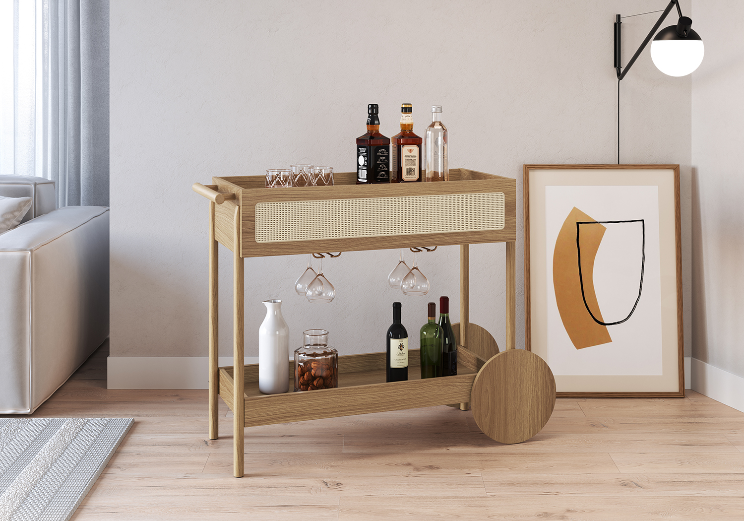 Oslo Bar Cart Trolley Wood Legs and Rattan Accent Drawer