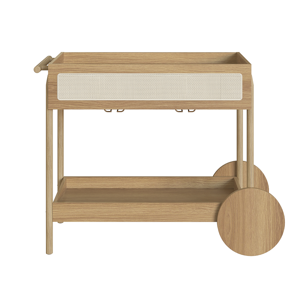 Oslo Bar Cart Trolley Wood Legs and Rattan Accent Drawer - Image 2