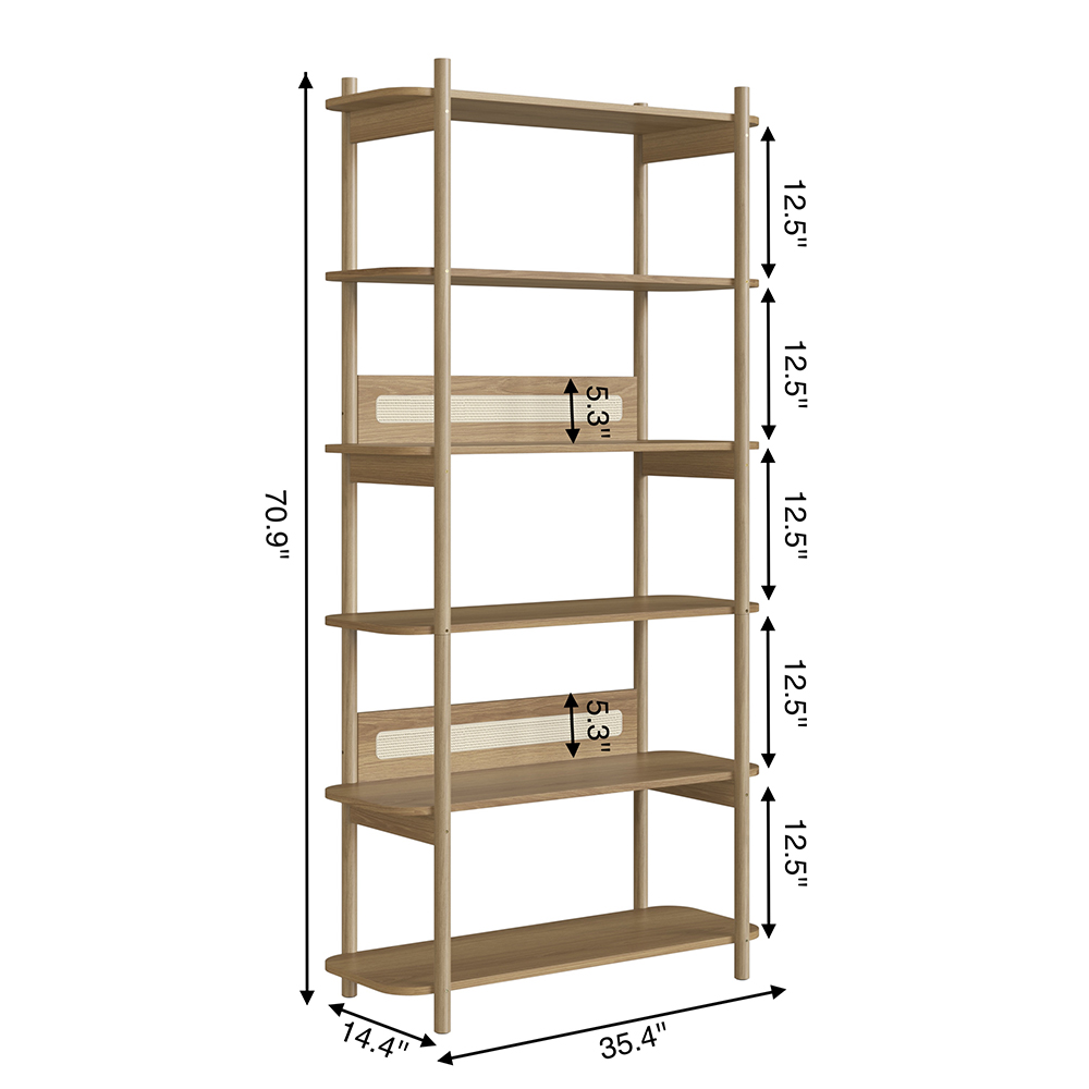 Oslo 6 Tier-Bookcase Storage  Wood Legs and Rattan Accent - Image 5