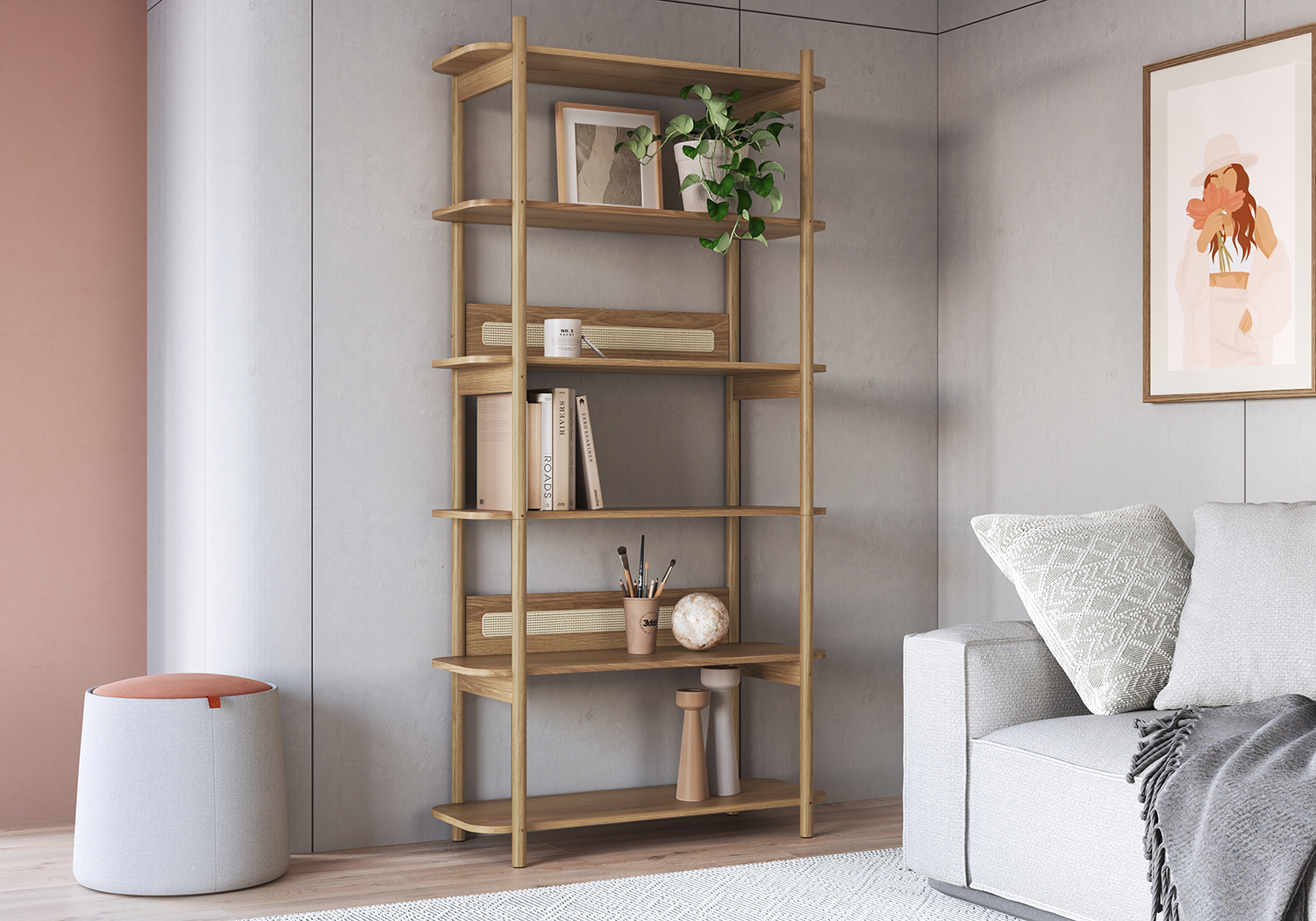 Oslo 6 Tier-Bookcase Storage  Wood Legs and Rattan Accent