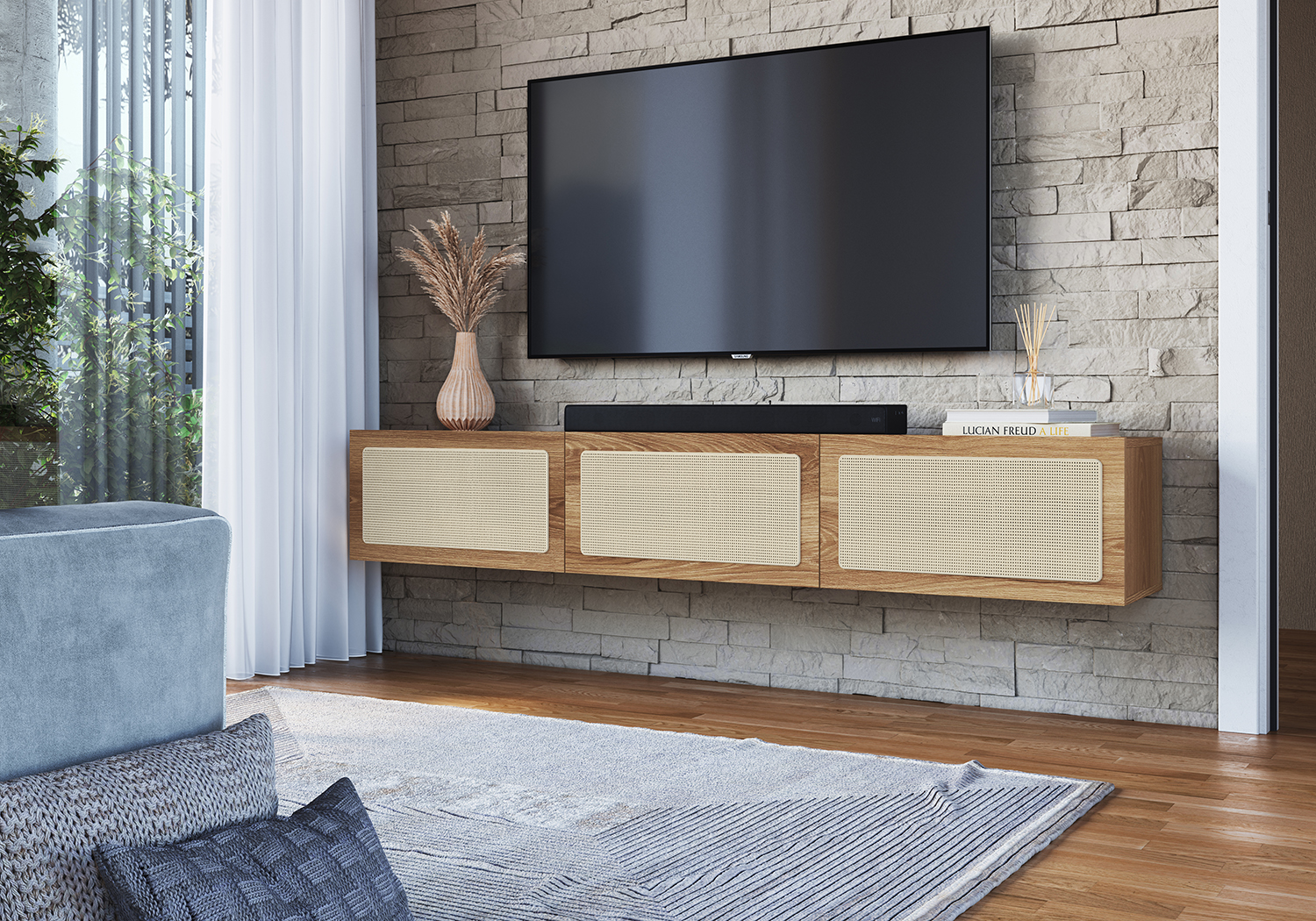 Oslo 71" Floating Wall Mount  3 Rattan Door Cabinet TV Stand-Coastal Oak