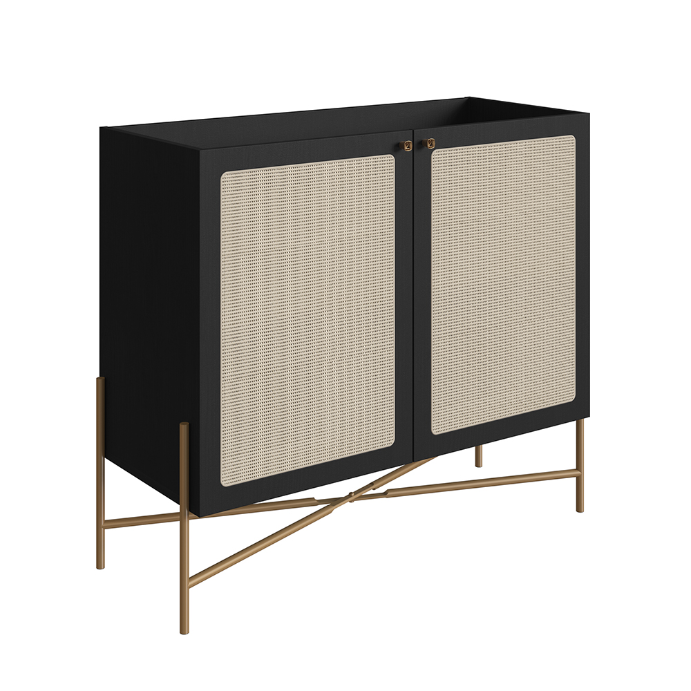 Oslo Bar Cabinet  Gold Iron Leg 2 Rattan Accent  Door Sideboard  -Nero Black - Image 7