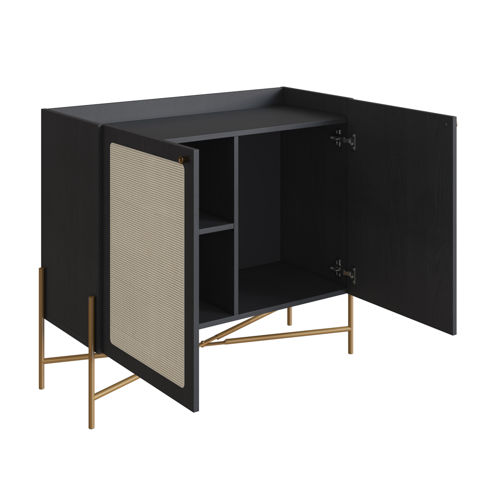 Oslo Bar Cabinet  Gold Iron Leg 2 Rattan Accent  Door Sideboard  -Nero Black - Image 6