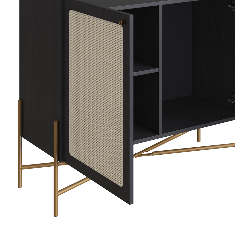 Oslo Bar Cabinet  Gold Iron Leg 2 Rattan Accent  Door Sideboard  -Nero Black - Image 5