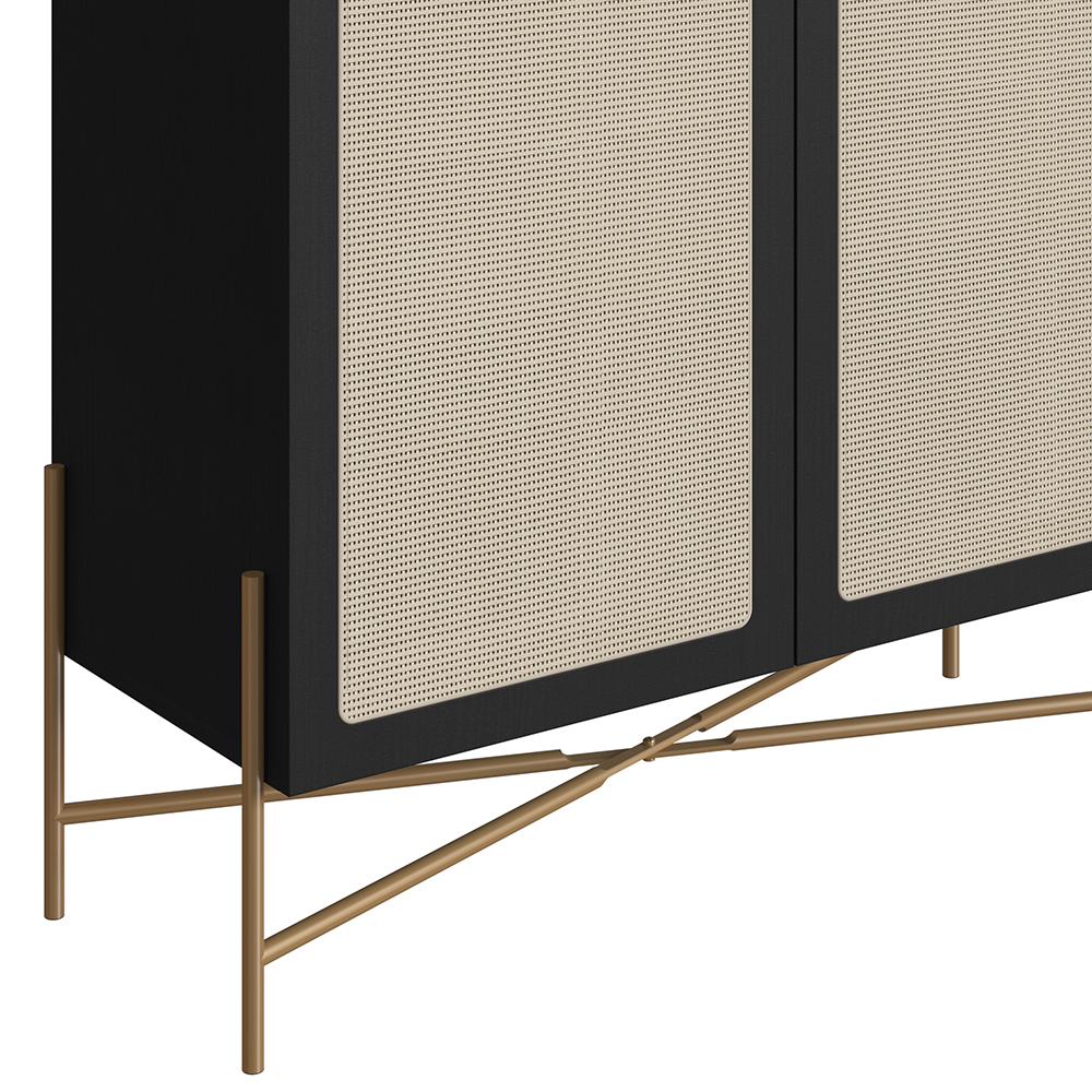 Oslo Bar Cabinet  Gold Iron Leg 2 Rattan Accent  Door Sideboard  -Nero Black - Image 4