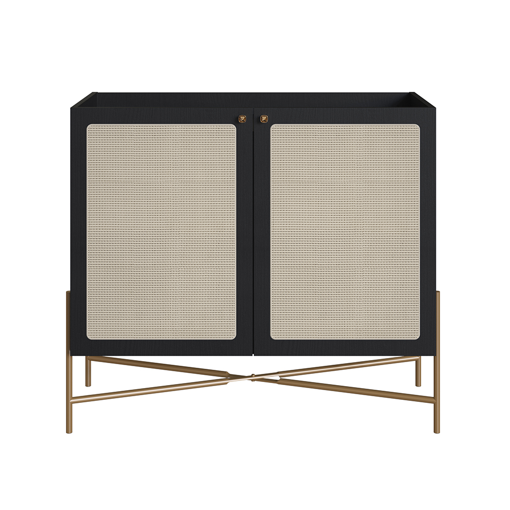 Oslo Bar Cabinet  Gold Iron Leg 2 Rattan Accent  Door Sideboard  -Nero Black - Image 2
