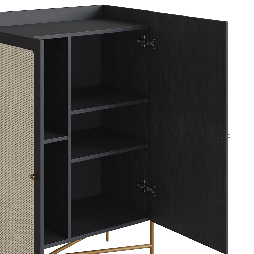 Oslo Bar Cabinet  Gold Iron Leg 2 Rattan Accent  Door Sideboard  -Nero Black - Image 3