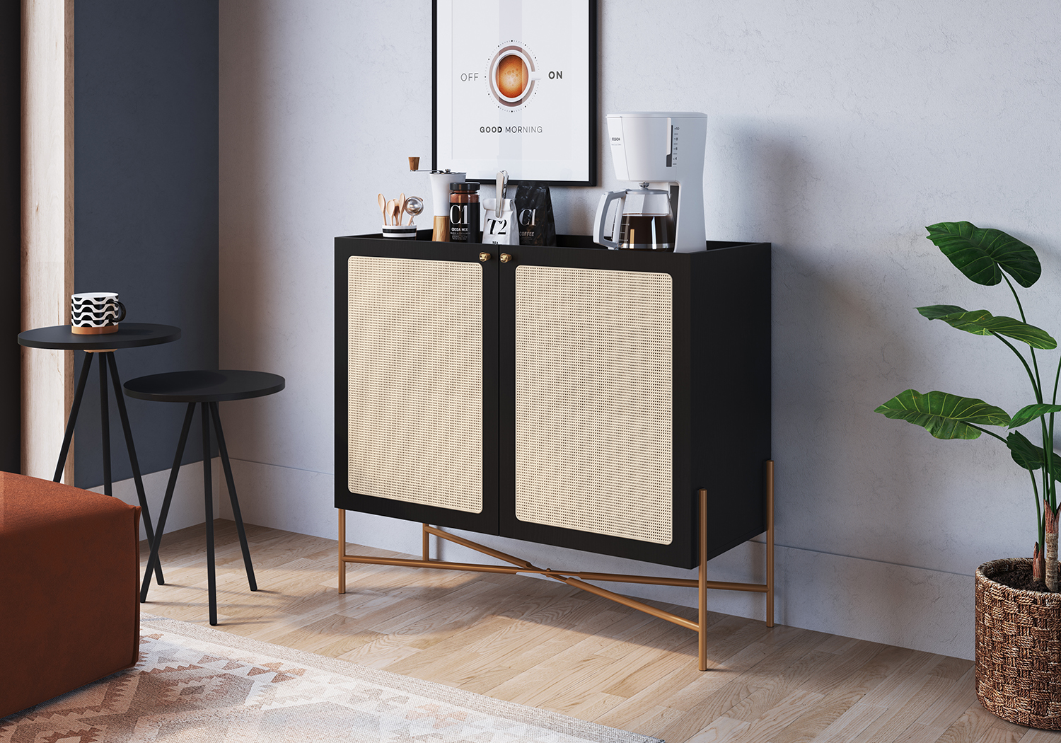 Oslo Bar Cabinet  Gold Iron Leg 2 Rattan Accent  Door Sideboard  -Nero Black