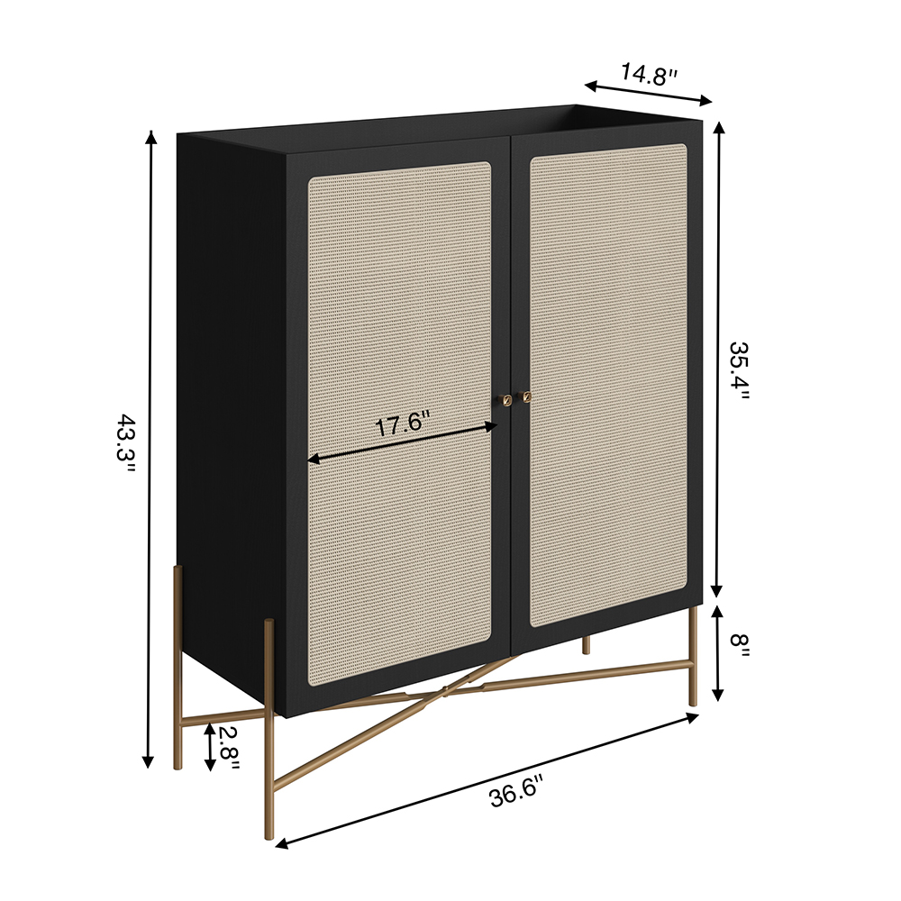 Oslo 36"LX43"H Bar Cabinet Gold Iron Leg 2 Rattan Door Sideboard - Image 5