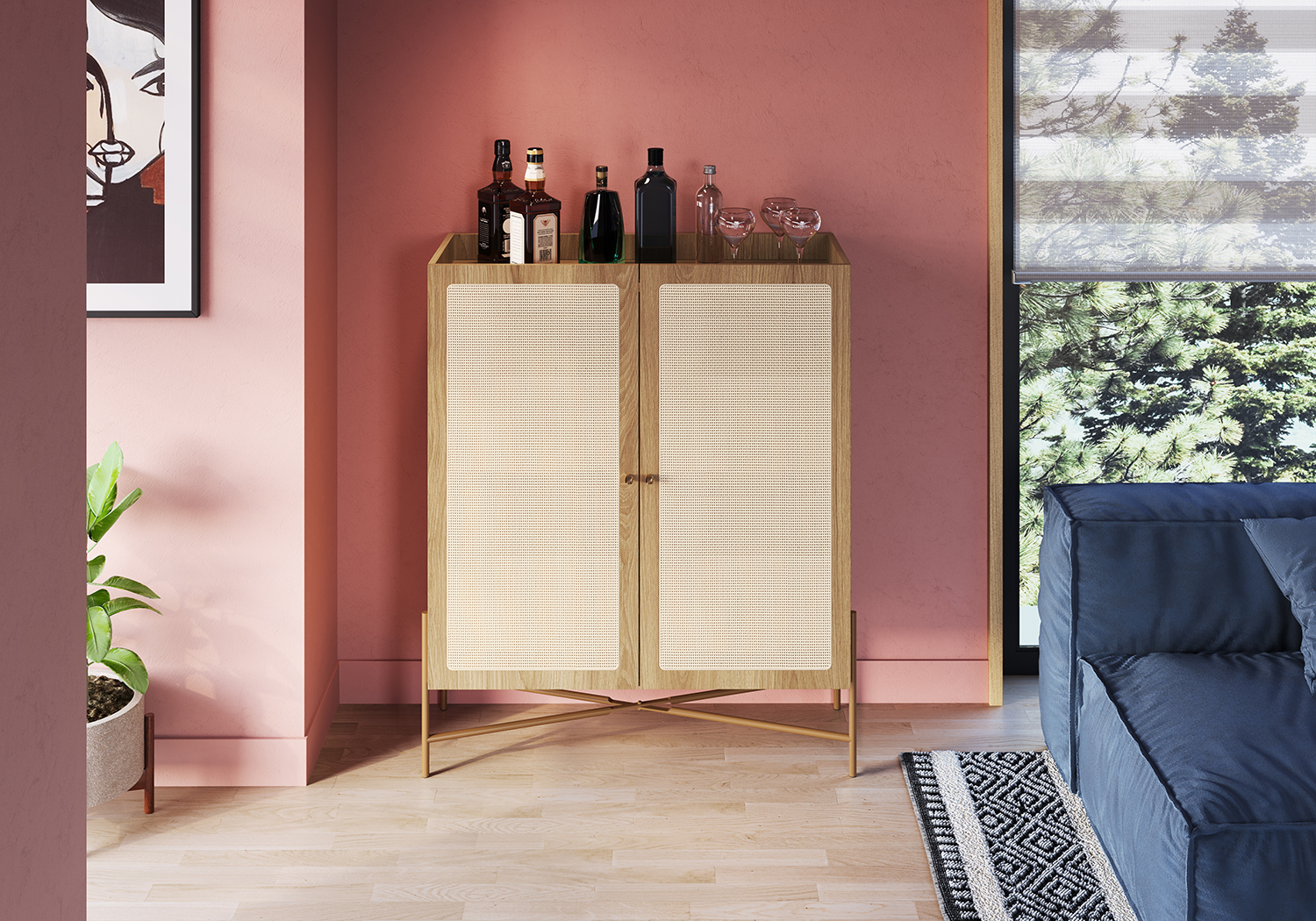 Oslo 36"LX43"H Bar Cabinet Gold Iron Leg 2 Rattan Door Sideboard