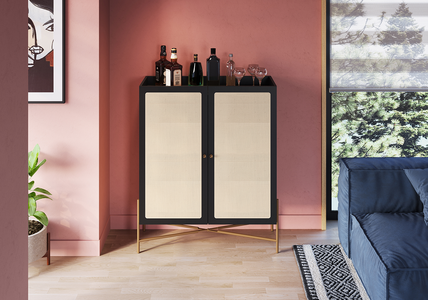 Oslo 36"LX43"H Bar Cabinet Gold Iron Leg 2 Rattan Door Sideboard - Image 2
