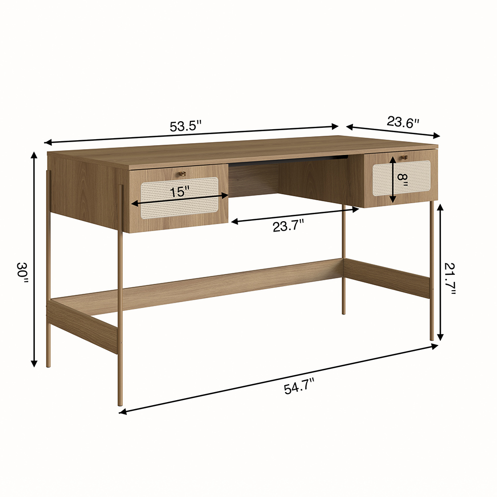 Oslo Desk Wood Iron Gold Legs and Rattan 2-Drawers - Image 4