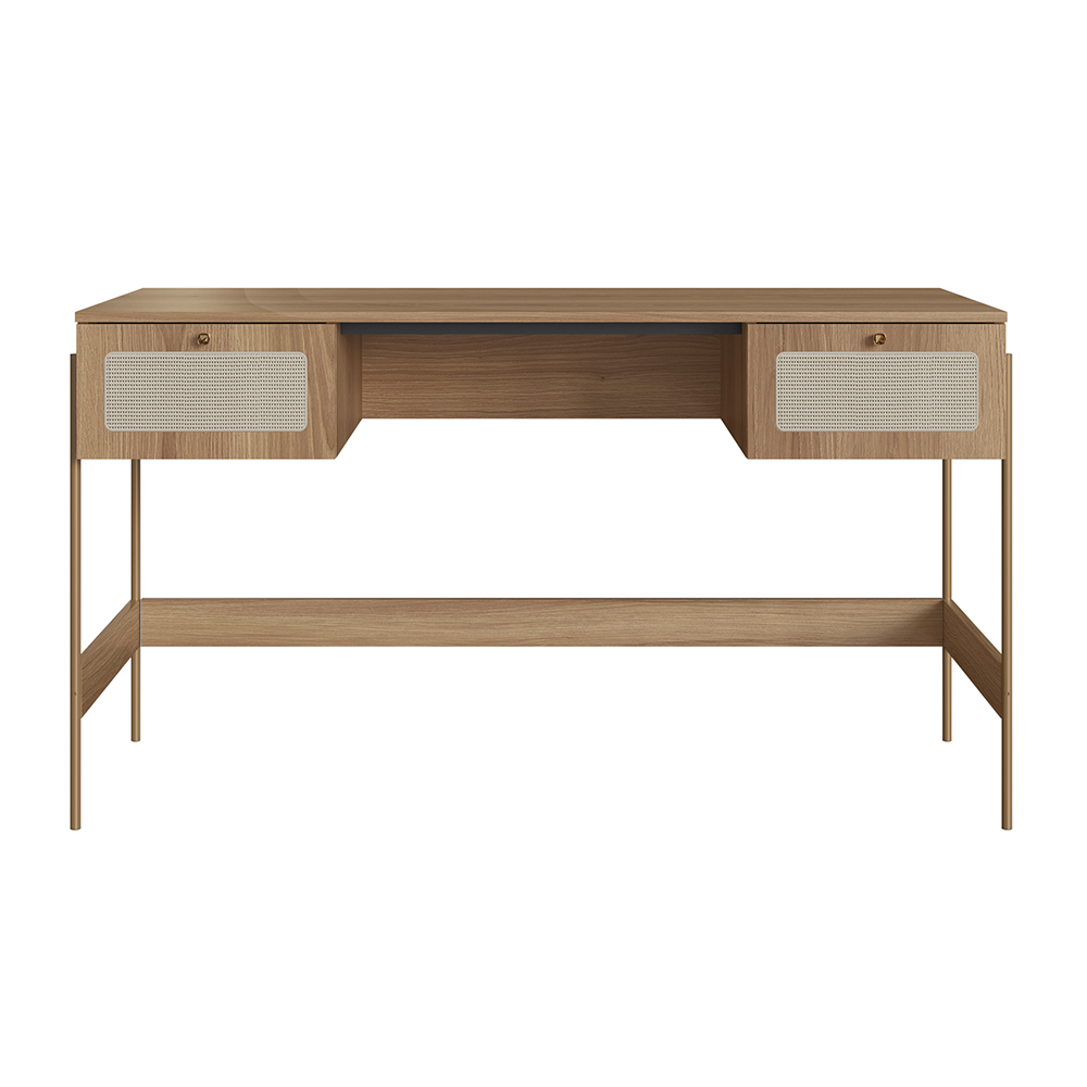 Oslo Desk Wood Iron Gold Legs and Rattan 2-Drawers - Image 3