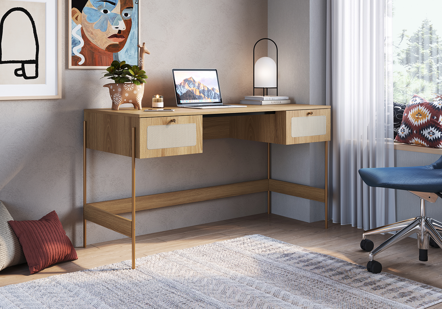 Oslo Desk Wood Iron Gold Legs and Rattan 2-Drawers