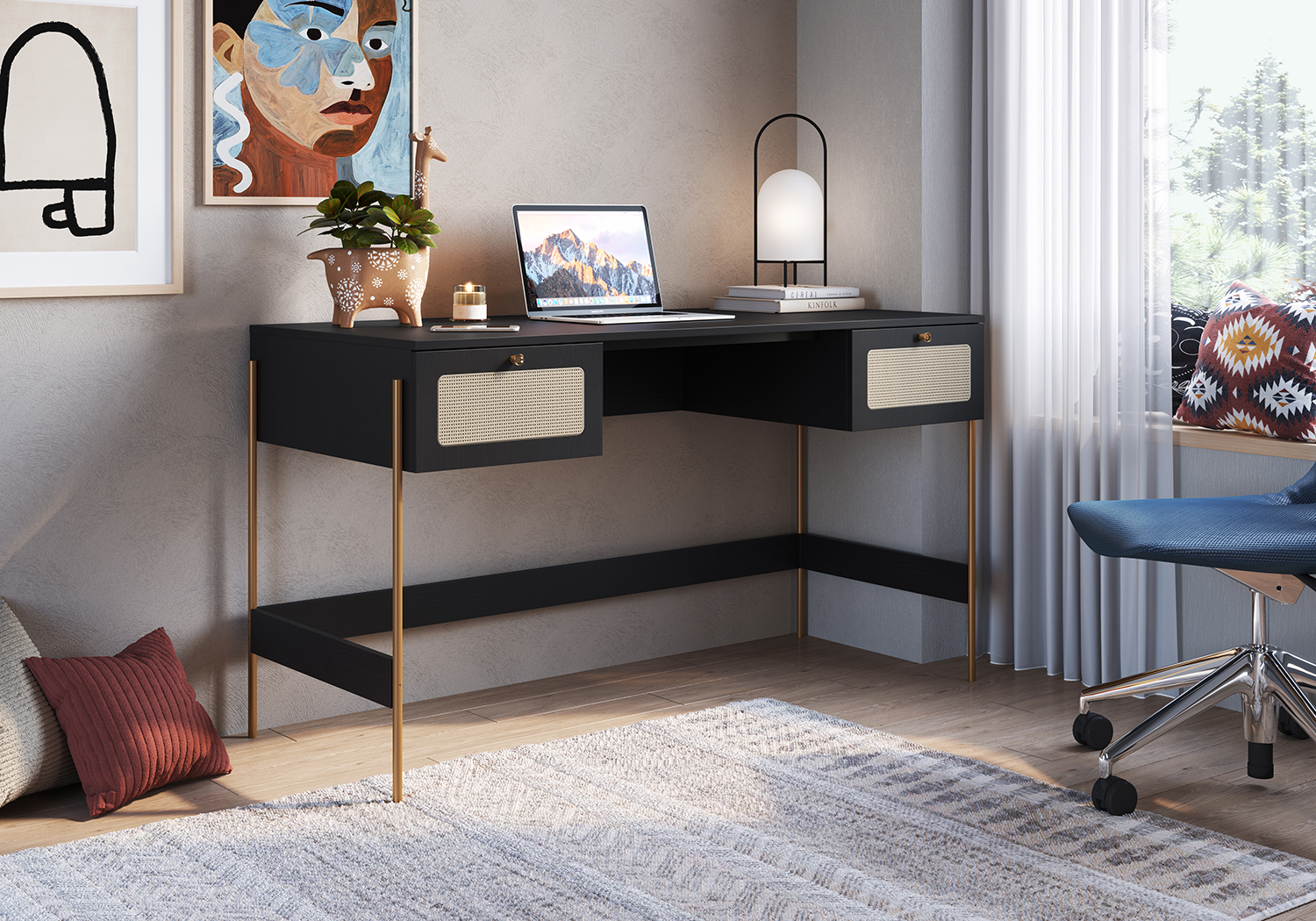 Oslo Desk Wood Iron Gold Legs and Rattan 2-Drawers - Image 2