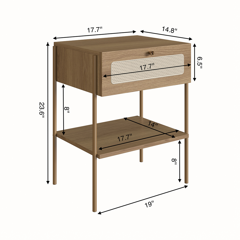 Oslo Nightstand  End Table Storage Gold Iron Leg - Rattan 1 Drawer - Image 7