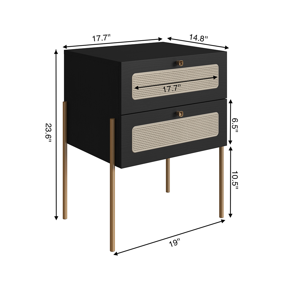 Oslo Nightstand  End Table Storage Gold Iron Leg Rattan 2 Drawer - Image 8