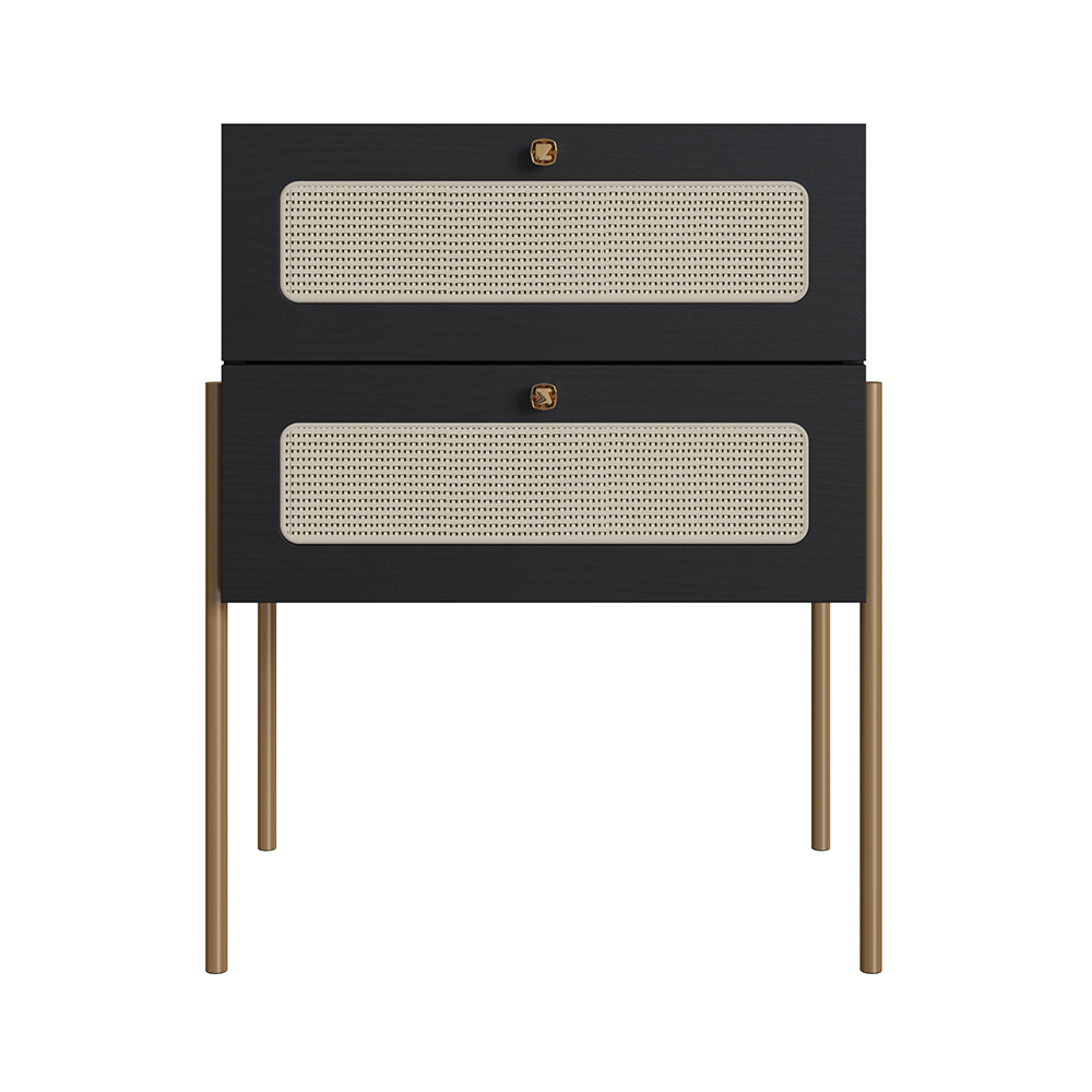 Oslo Nightstand  End Table Storage Gold Iron Leg Rattan 2 Drawer - Image 7