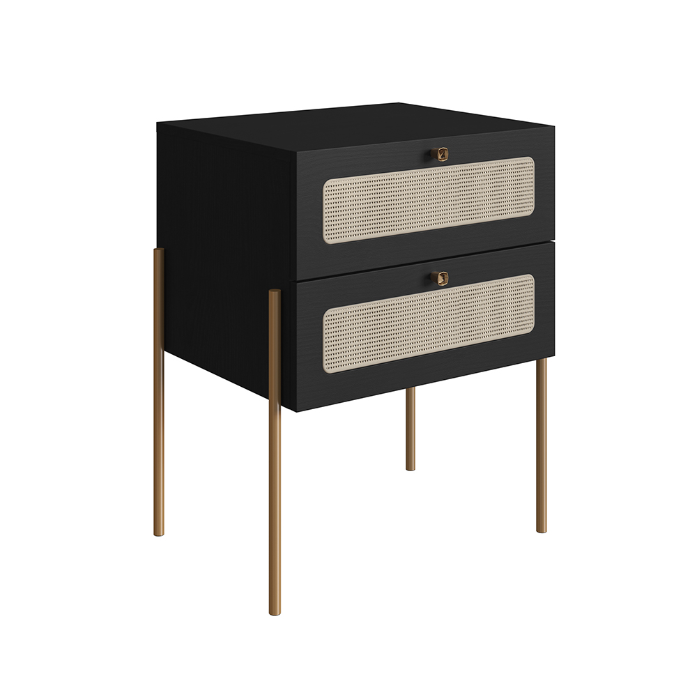 Oslo Nightstand  End Table Storage Gold Iron Leg Rattan 2 Drawer - Image 6
