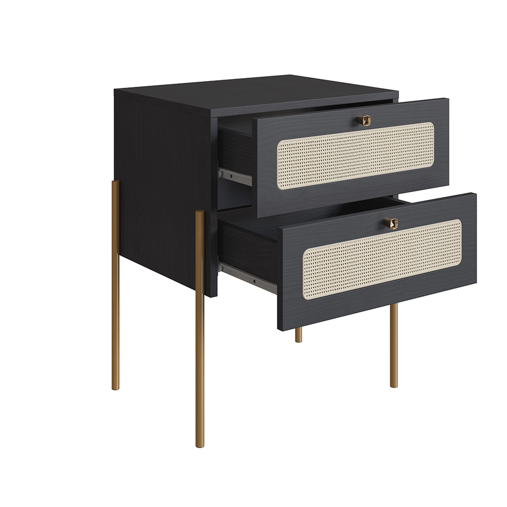 Oslo Nightstand  End Table Storage Gold Iron Leg Rattan 2 Drawer - Image 5