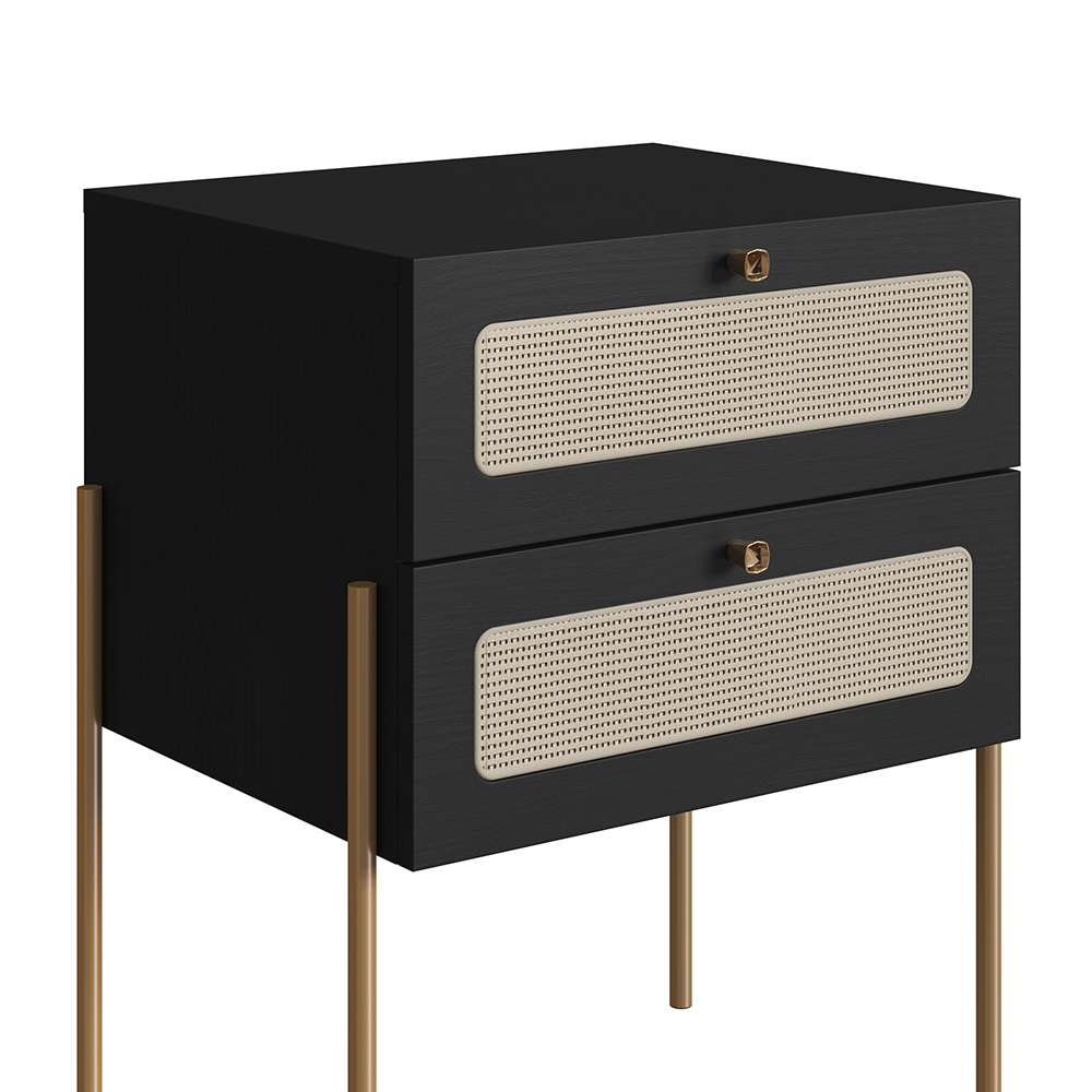 Oslo Nightstand  End Table Storage Gold Iron Leg Rattan 2 Drawer - Image 4