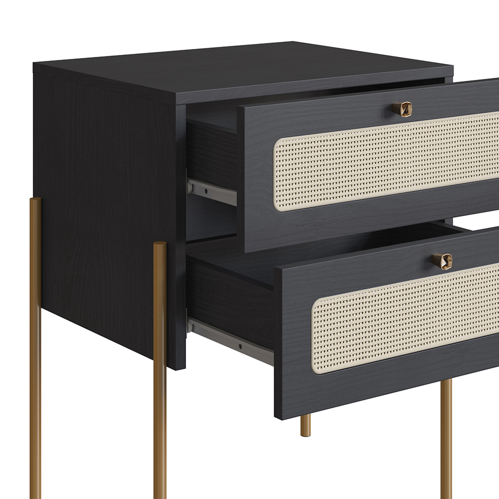 Oslo Nightstand  End Table Storage Gold Iron Leg Rattan 2 Drawer - Image 3