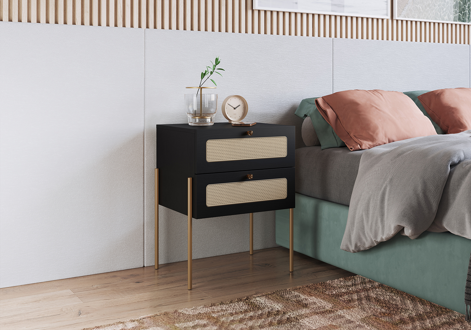 Oslo Nightstand  End Table Storage Gold Iron Leg Rattan 2 Drawer