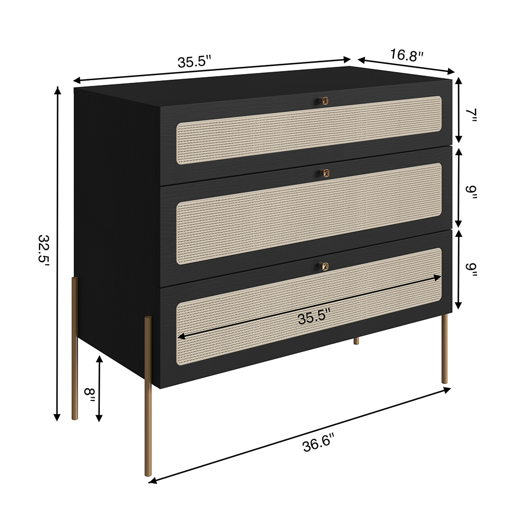 Oslo 3 Drawer Chest  Iron Gold Legs and Rattan Accent Dresser -Nero Black - Image 8