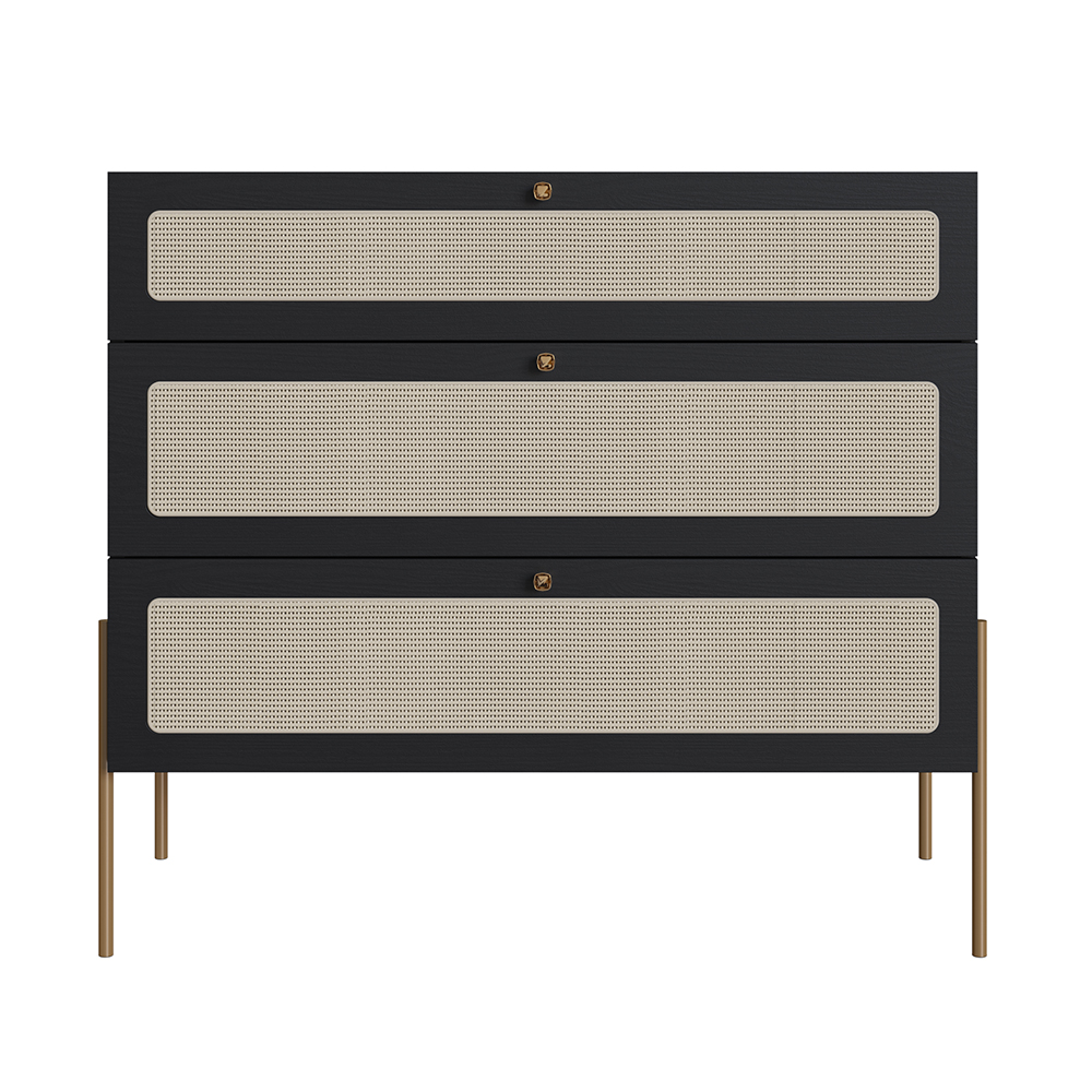 Oslo 3 Drawer Chest  Iron Gold Legs and Rattan Accent Dresser -Nero Black - Image 6