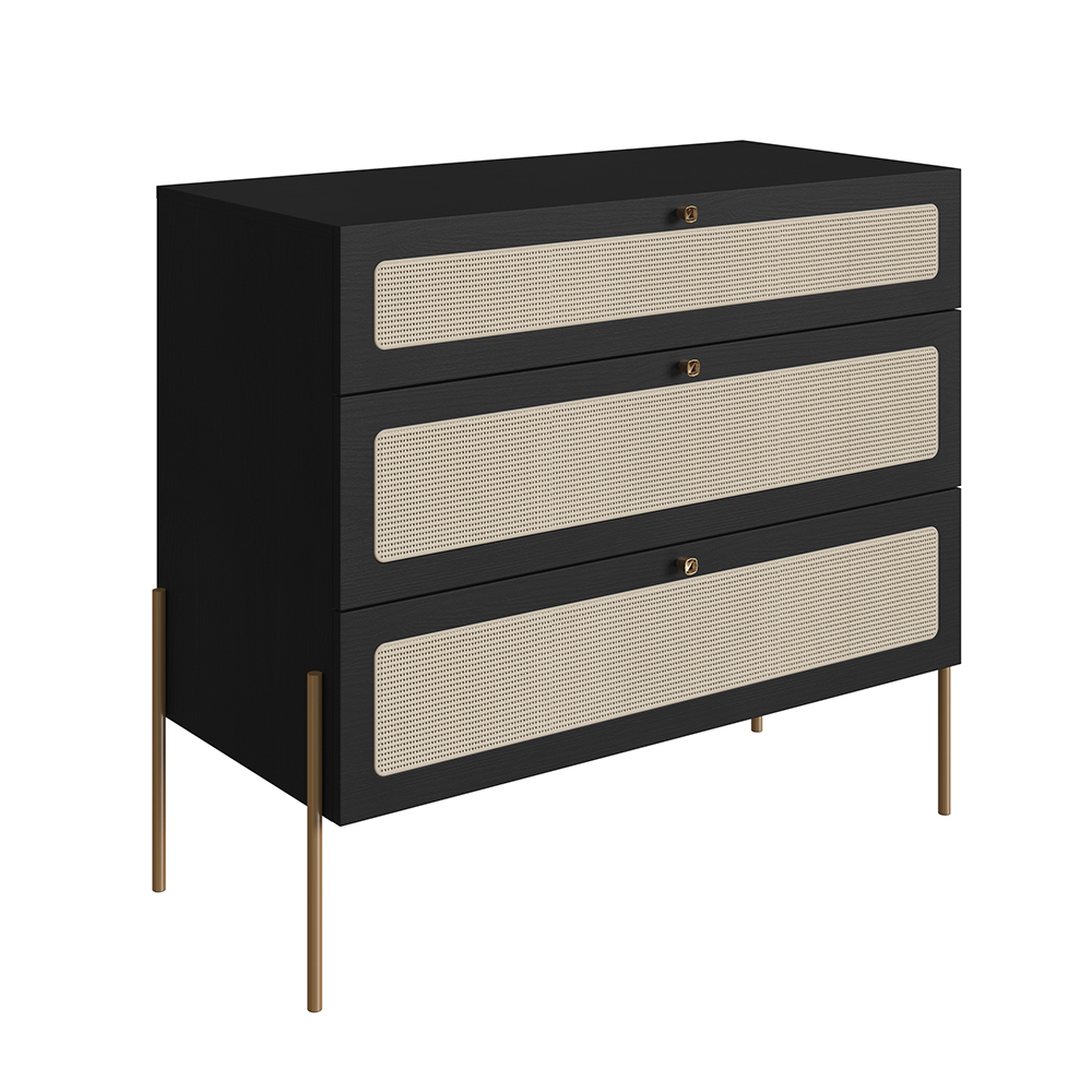 Oslo 3 Drawer Chest  Iron Gold Legs and Rattan Accent Dresser -Nero Black - Image 5