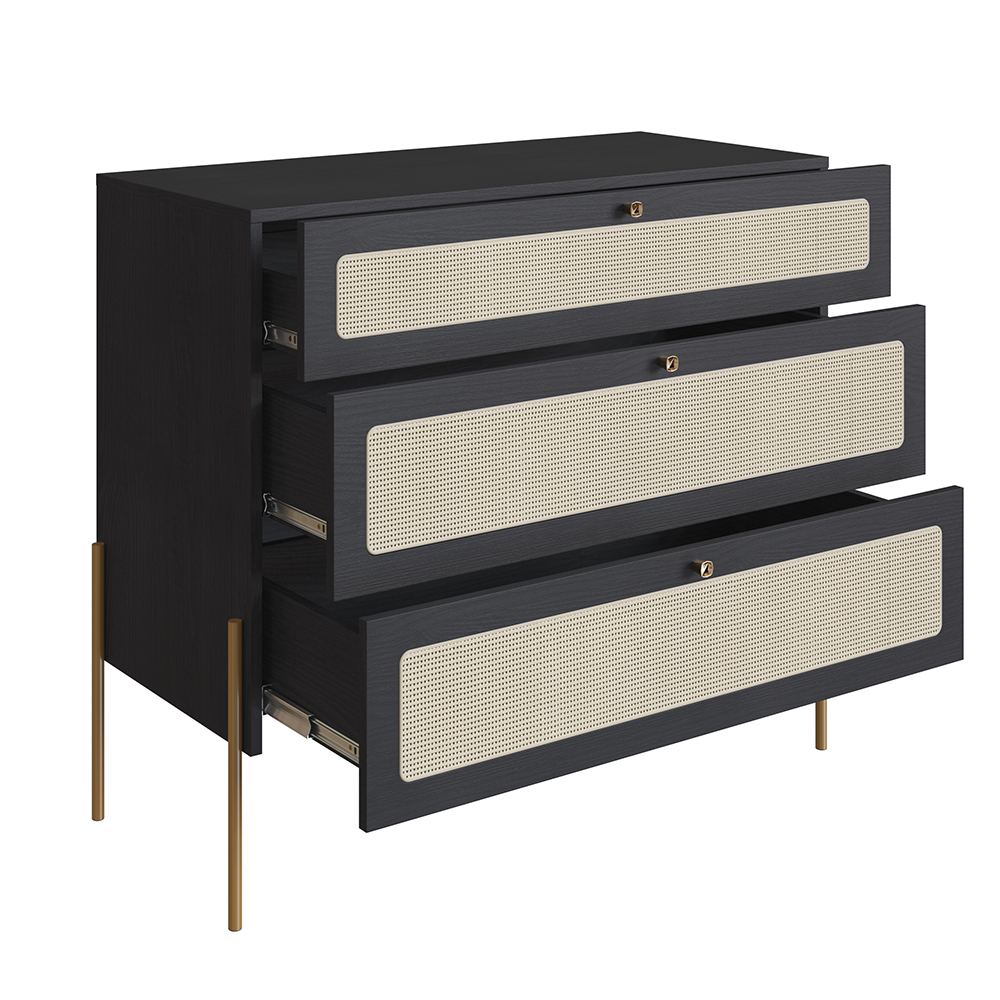 Oslo 3 Drawer Chest  Iron Gold Legs and Rattan Accent Dresser -Nero Black - Image 4
