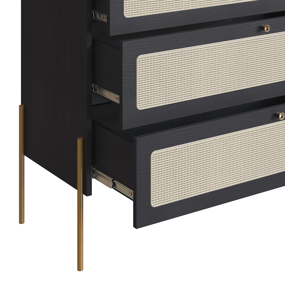 Oslo 3 Drawer Chest  Iron Gold Legs and Rattan Accent Dresser -Nero Black - Image 3