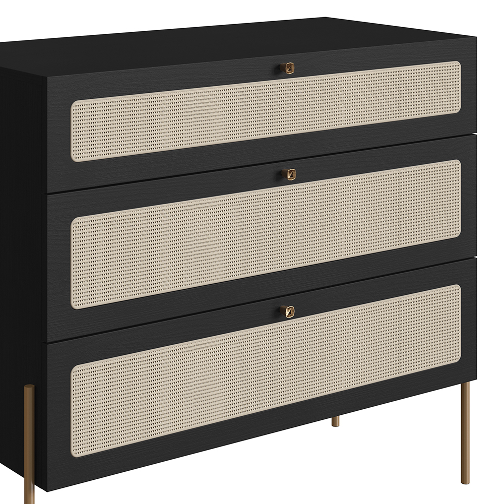 Oslo 3 Drawer Chest  Iron Gold Legs and Rattan Accent Dresser -Nero Black - Image 2