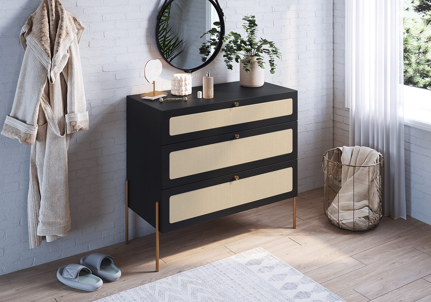 Oslo 3 Drawer Chest  Iron Gold Legs and Rattan Accent Dresser -Nero Black