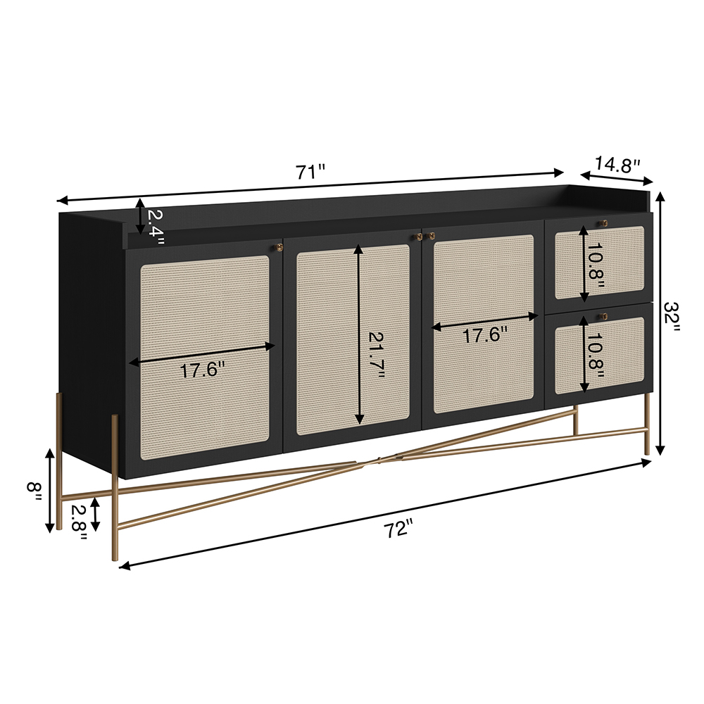 Oslo 72"L X32"H  Sideboard Iron Gold Legs  Rattan 3 Door -2-Drawer-Nero Black - Image 9