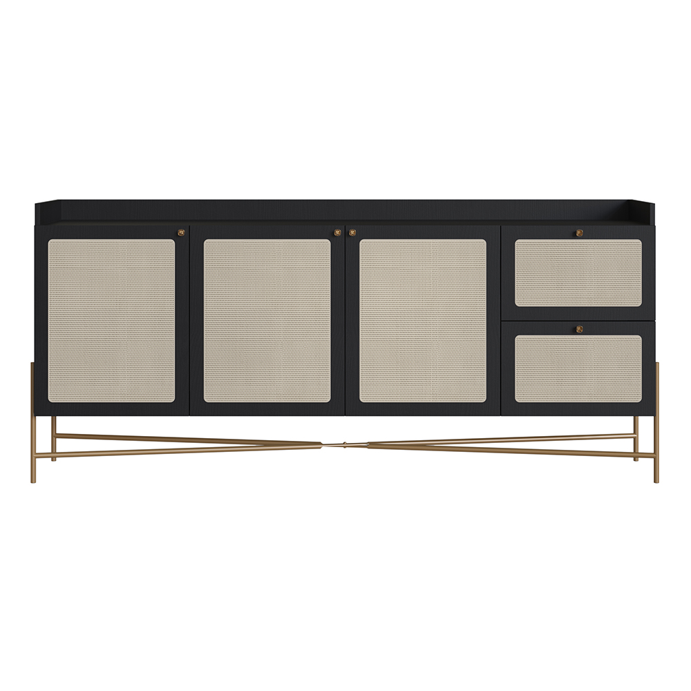 Oslo 72"L X32"H  Sideboard Iron Gold Legs  Rattan 3 Door -2-Drawer-Nero Black - Image 2